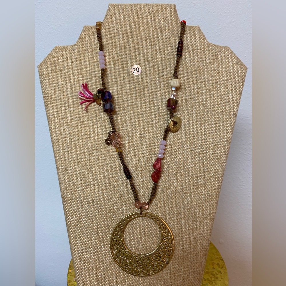 Chico’s Gold & Pink Long Necklace with Circle Pendant
